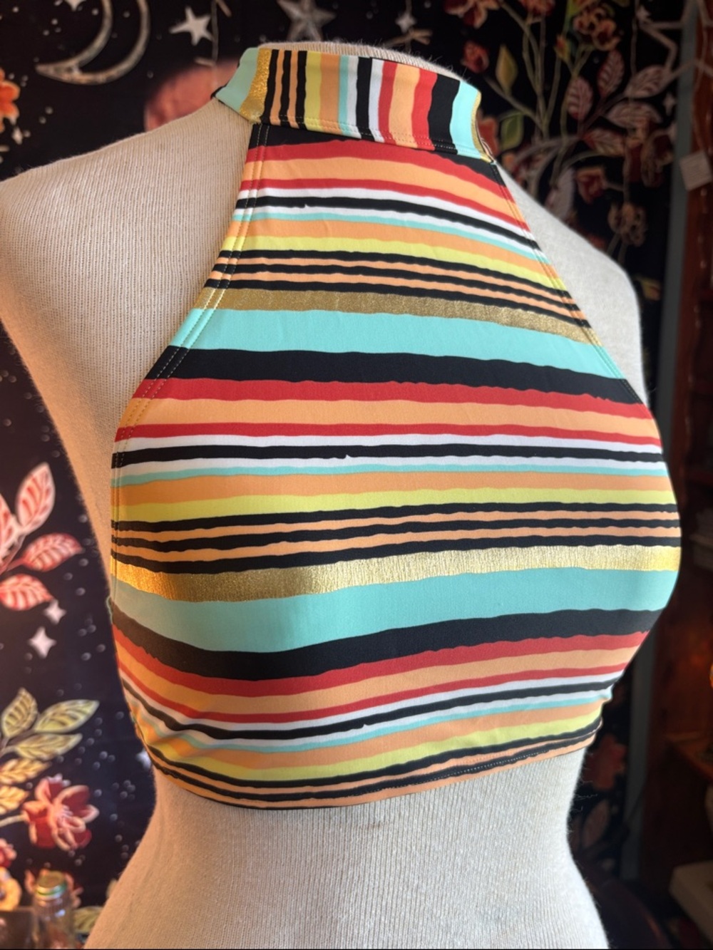 aerie High-Neck Striped Halter Cami in Mint, Coral, Black & Gold